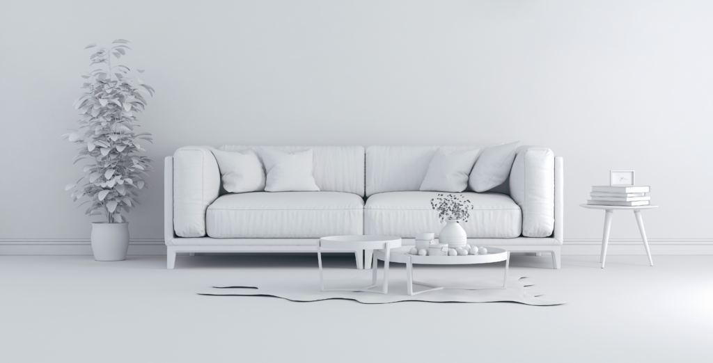 sterile white couch in an all white room