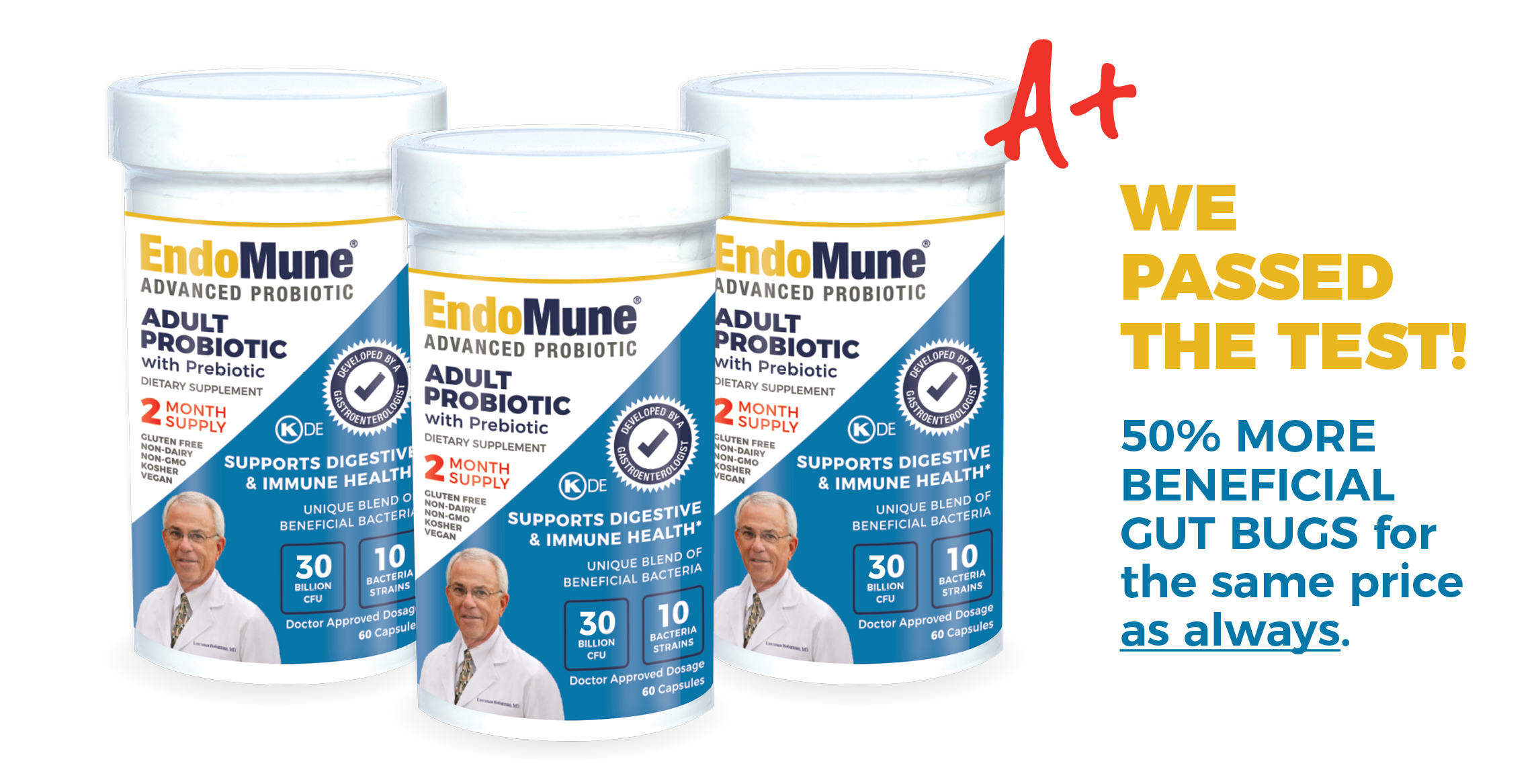 EndoMune Advanced Adult Probiotic passed the test! Image of bottles.