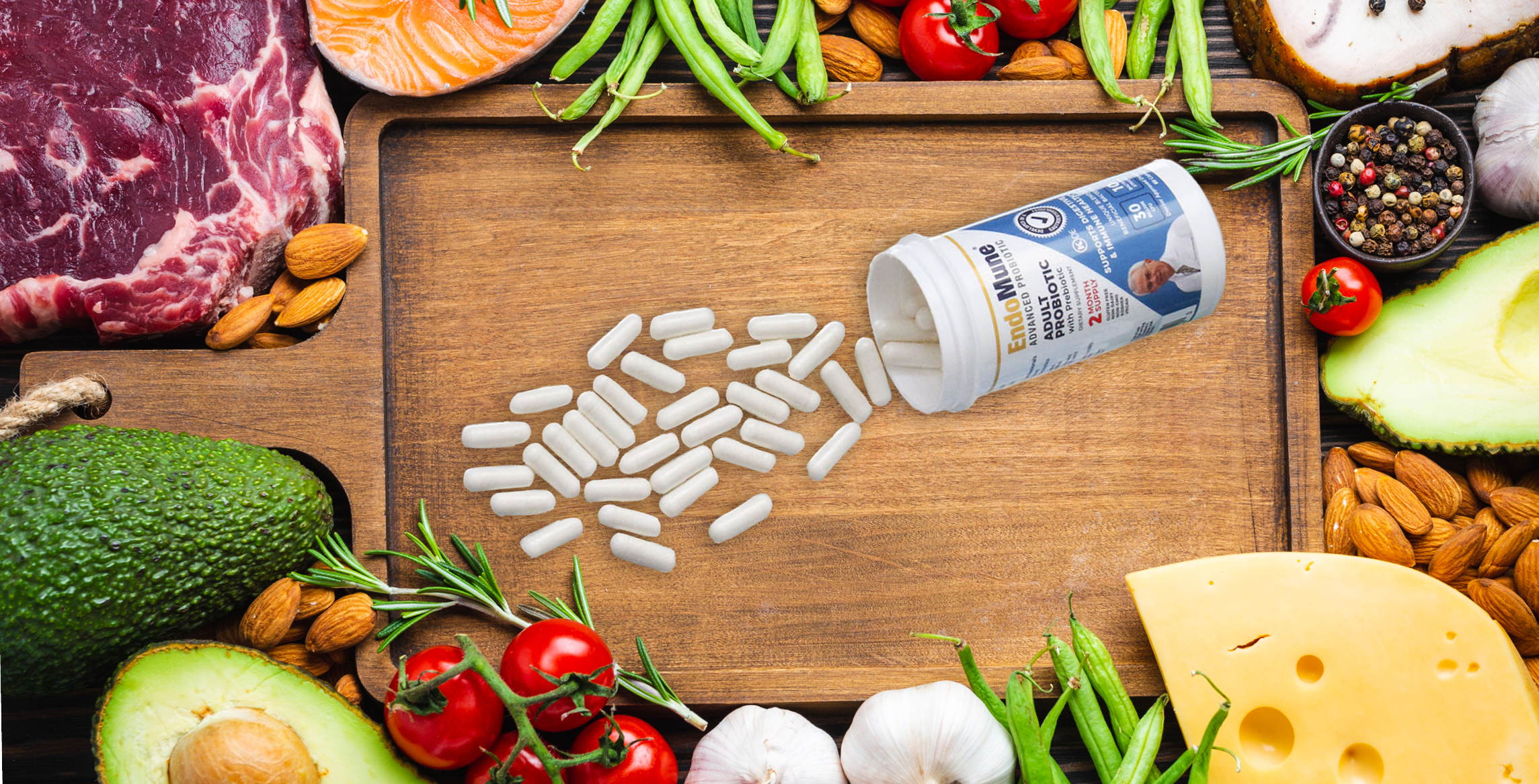 EndoMune pills on a cutting board, surrounded by various fresh vegetables