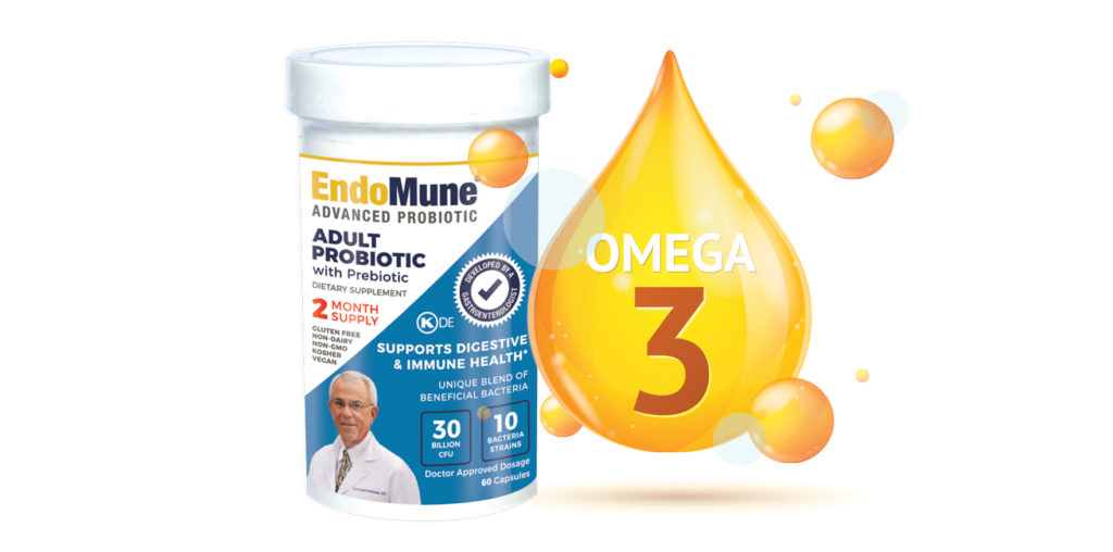 bottle of EndoMune Advanced Probiotic next to a digital graphic of Omega-3 oil