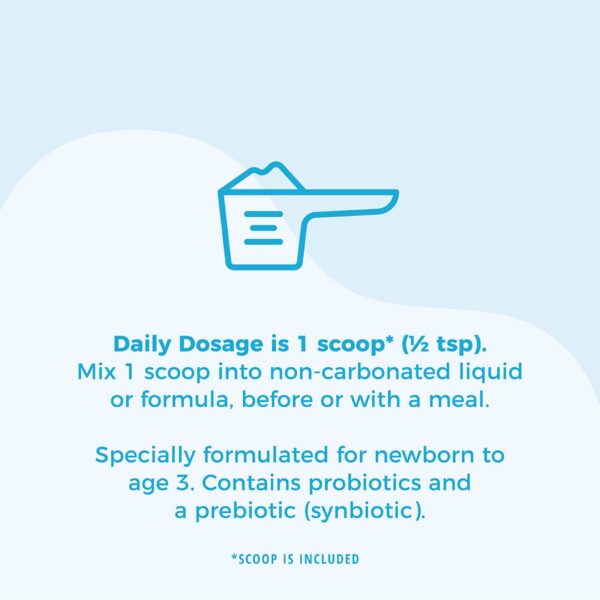 icon of a measuring scoop with EndoMune Junior powder in it. TEXT: Daily Dosage is 1 scoop* (1/2 tsp). Mix 1 scoop into non-carbonated liquid or formula, before or with a meal. Specially formulated for newborn to age 3. Contains probiotics and a prebiotic (synbiotic). *Scoop is included