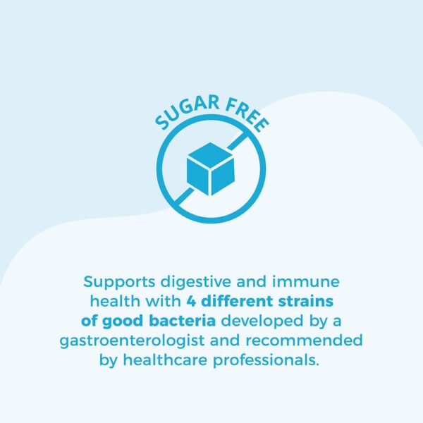 blue circle icon with cross-through and cube in center. Text: Sugar Free. Supports digestive and immune health with 4 different strains of good bacteria developed by a gastroenterologist and recommended by healthcare professionals.