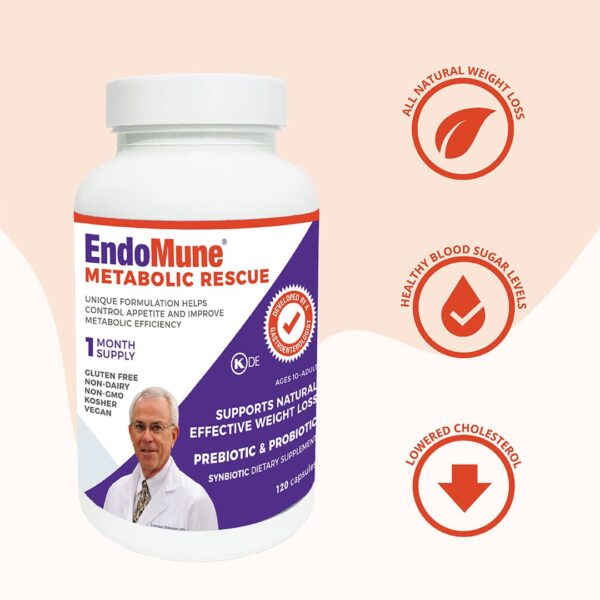 Three icons next to EndoMune EMR bottle. All Natural Weight Loss Icon. Healthy Blood Sugar Levels Icon. Lowered Cholesterol Icon.