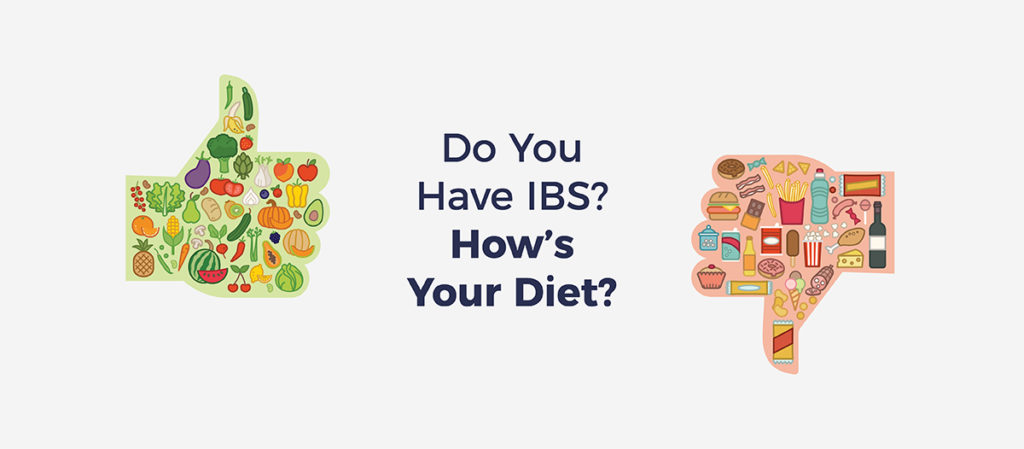 Thumbs up graphic with healthy foods inside. Thumbs down with unhealthy food inside. Text: Do you have IBS? How's Your Diet?