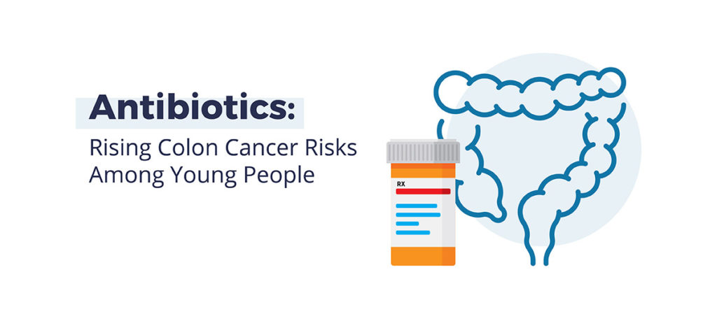 Graphic of large intestine next to a pharmaceutical prescription bottle. Text reads "Antibiotics: Rising Colon Cancer Risks Among Young People