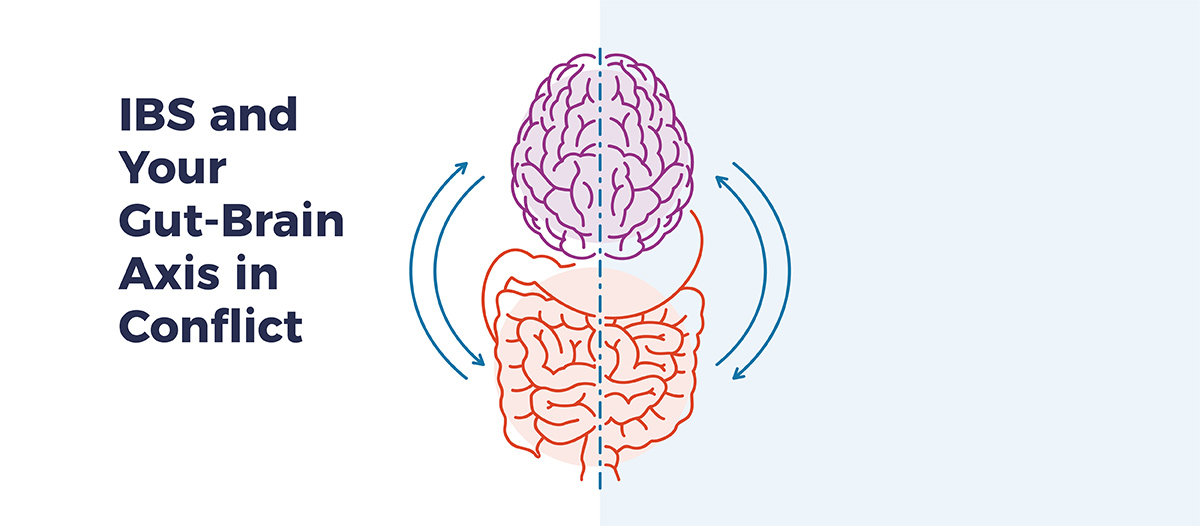 Illustration of Brain and Gut. Text says "IBS and your gut-brain axis in conflict"