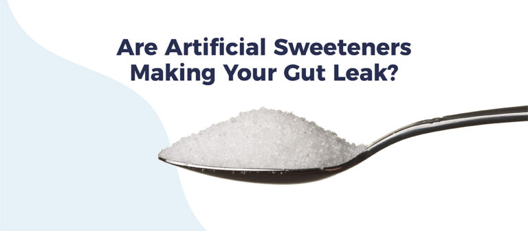 A spoon full of sugar. Text says "Are artificial sweeteners making your gut leak?"