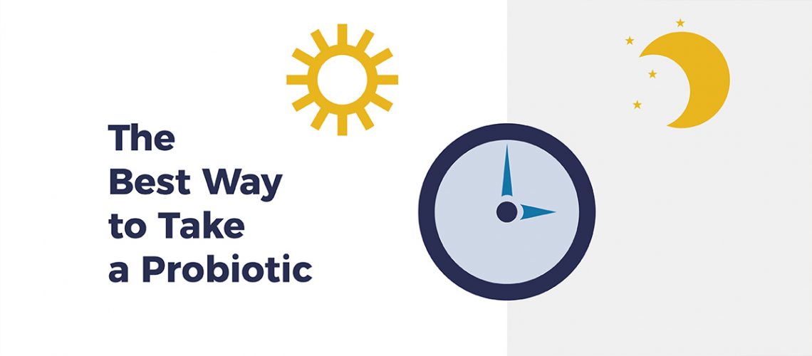 Clock with a moon and sun on either sides. Text: "The Best Way to Take a Probiotic"